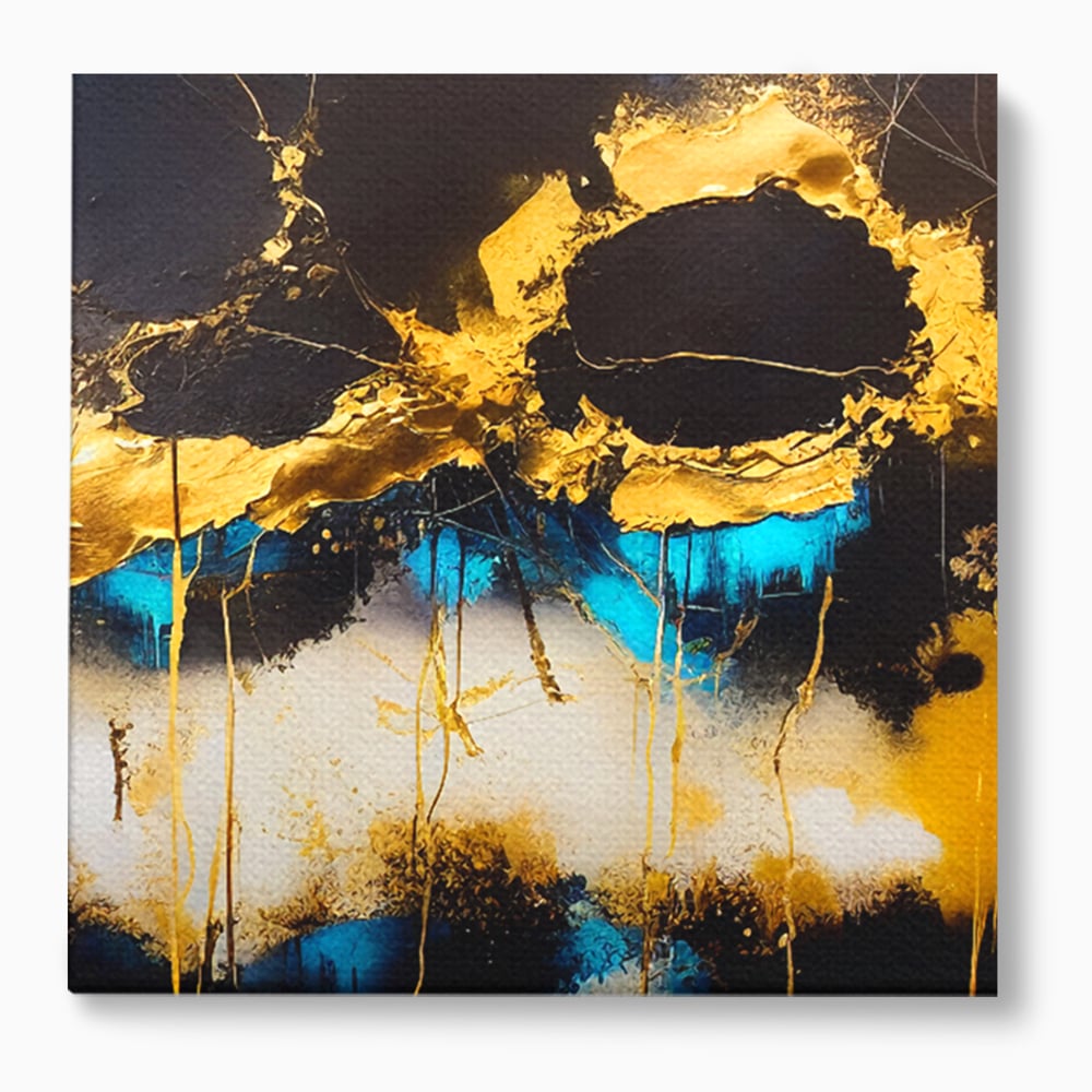 Tablou canvas cu pictura abstracta cu forme aurii si albastre, fara rama, pe sasiu de lemn