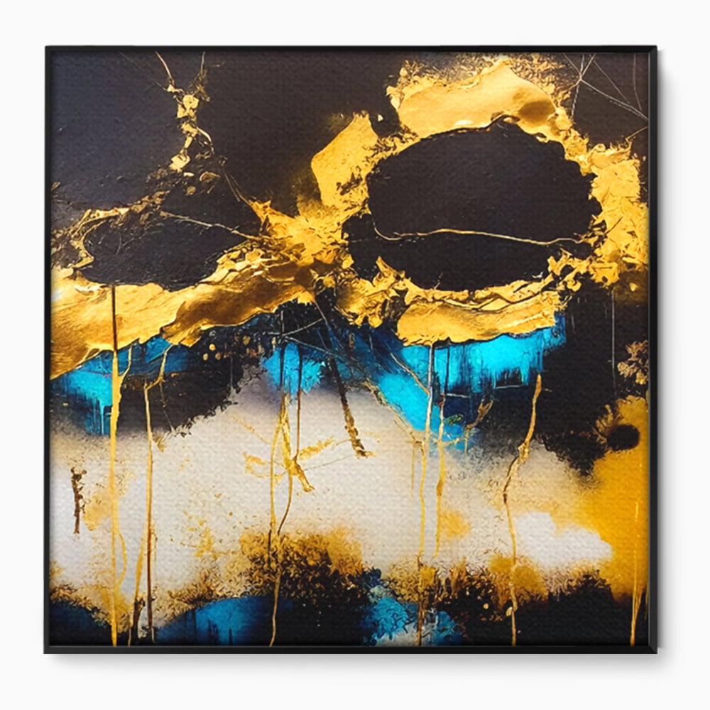 Tablou canvas cu pictura abstracta cu forme aurii si albastre, in rama de aluminiu negru