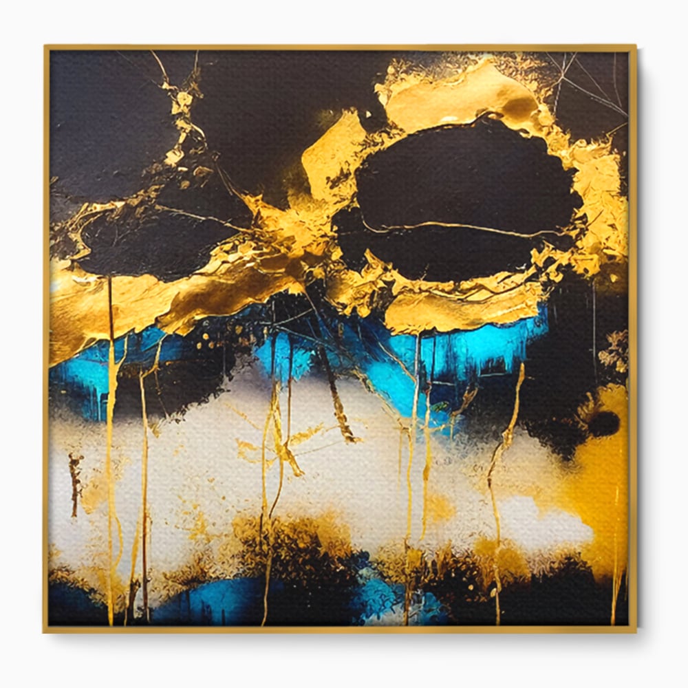 Tablou canvas cu pictura abstracta cu forme aurii si albastre, in rama de aluminiu auriu