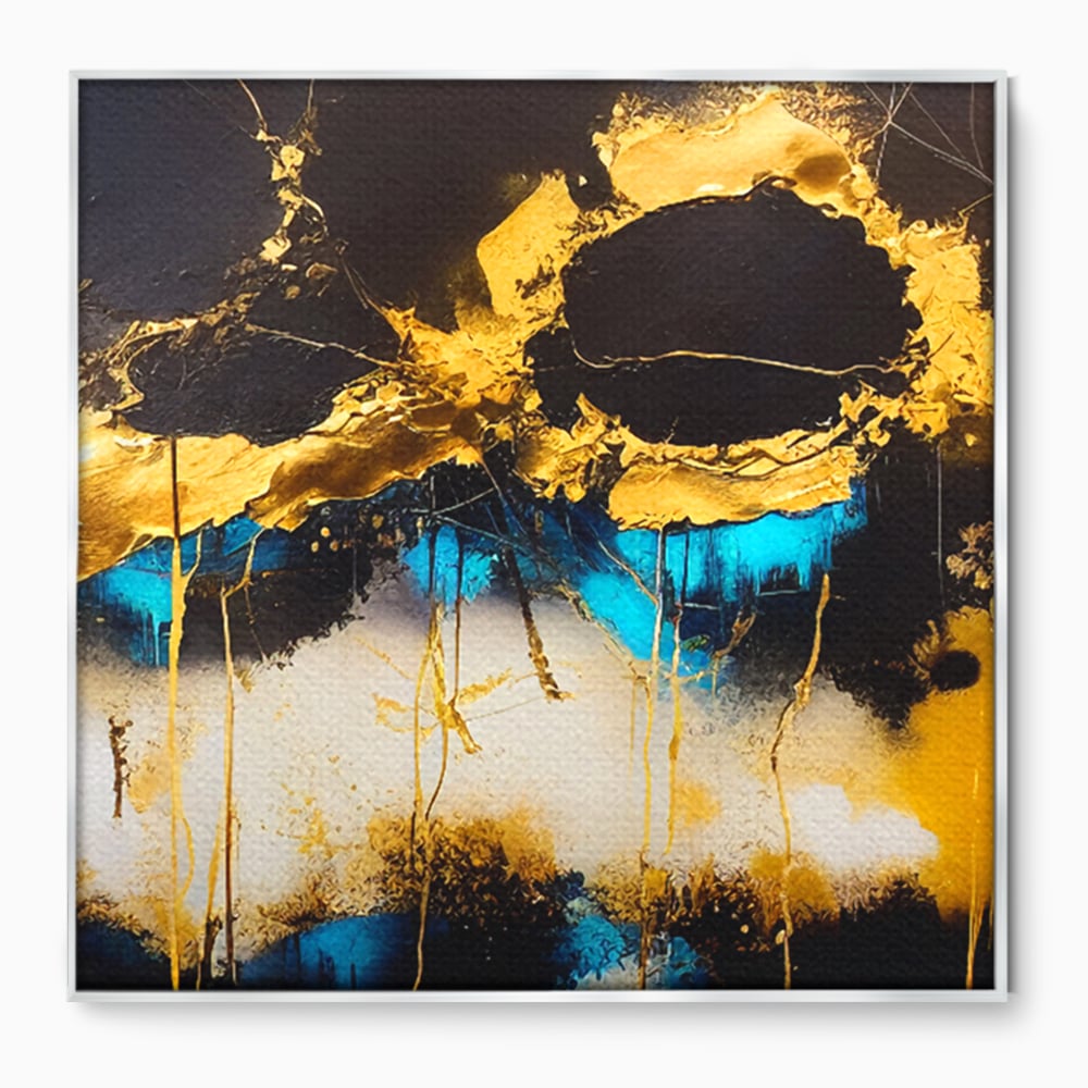 Tablou canvas cu pictura abstracta cu forme aurii si albastre, in rama de aluminiu argintiu