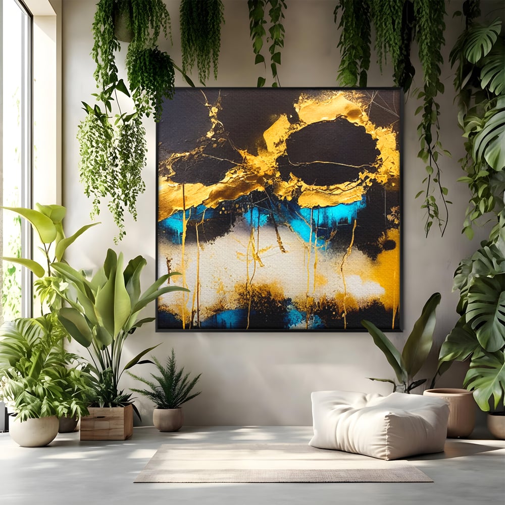 Tablou canvas cu pictura abstracta cu forme aurii si albastre, in rama de aluminiu negru