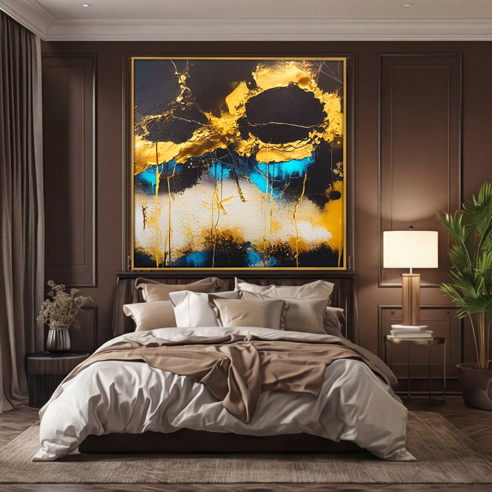 Tablou canvas cu pictura abstracta cu forme aurii si albastre, in rama de aluminiu auriu, pe perete intr-un dormitor