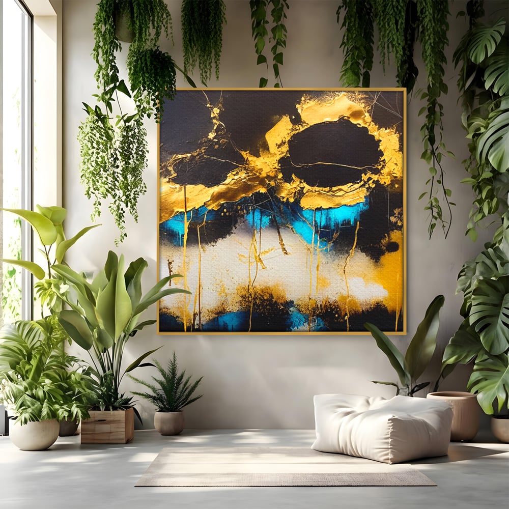 Tablou canvas cu pictura abstracta cu forme aurii si albastre, in rama de aluminiu auriu