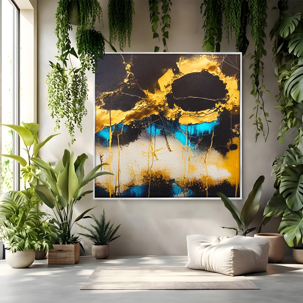 Tablou canvas cu pictura abstracta cu forme aurii si albastre, in rama de aluminiu argintiu