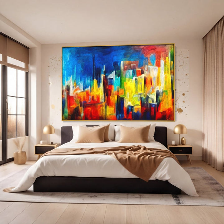 Tablou canvas cu pictura abstracta cu turnuri urbane, in rama de aluminiu auriu, pe perete intr-un dormitor