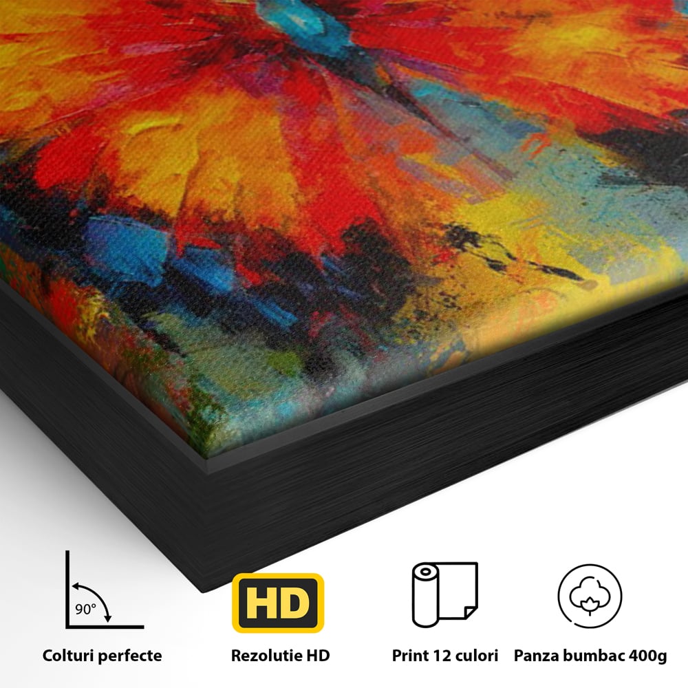 Detaliu al suprafetei: pictura orizontala cu fluture colorat, in rama de aluminiu negru