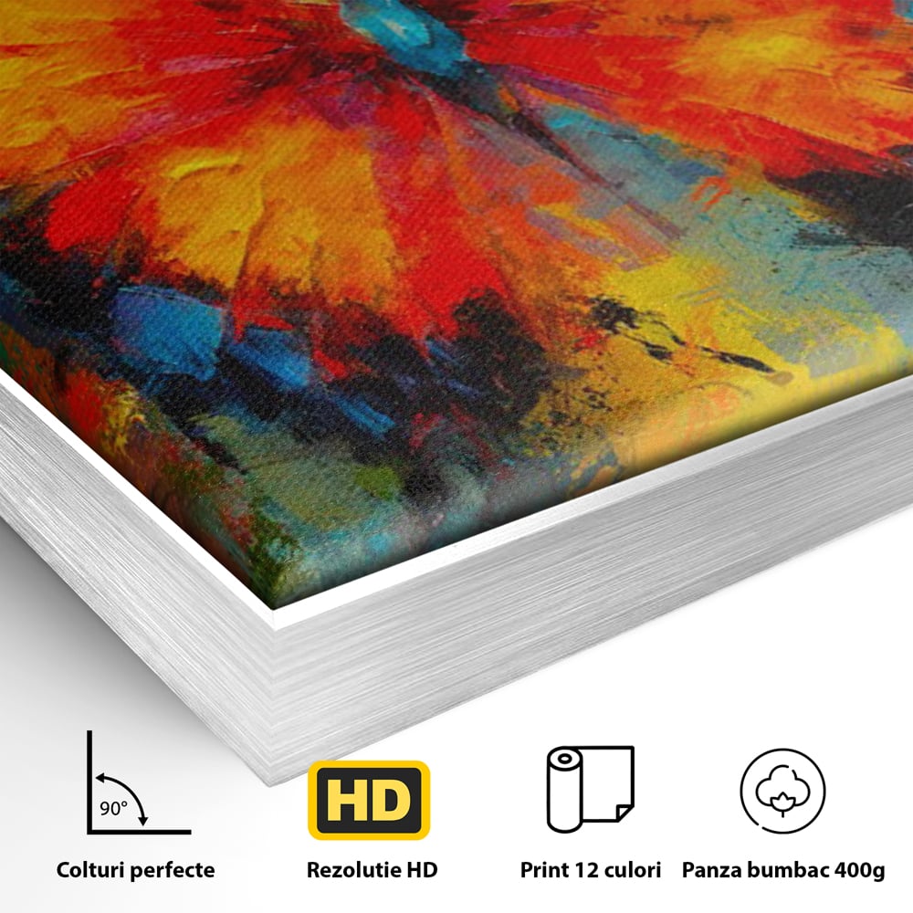 Detaliu al suprafetei: pictura orizontala cu fluture colorat, in rama de aluminiu argintiu