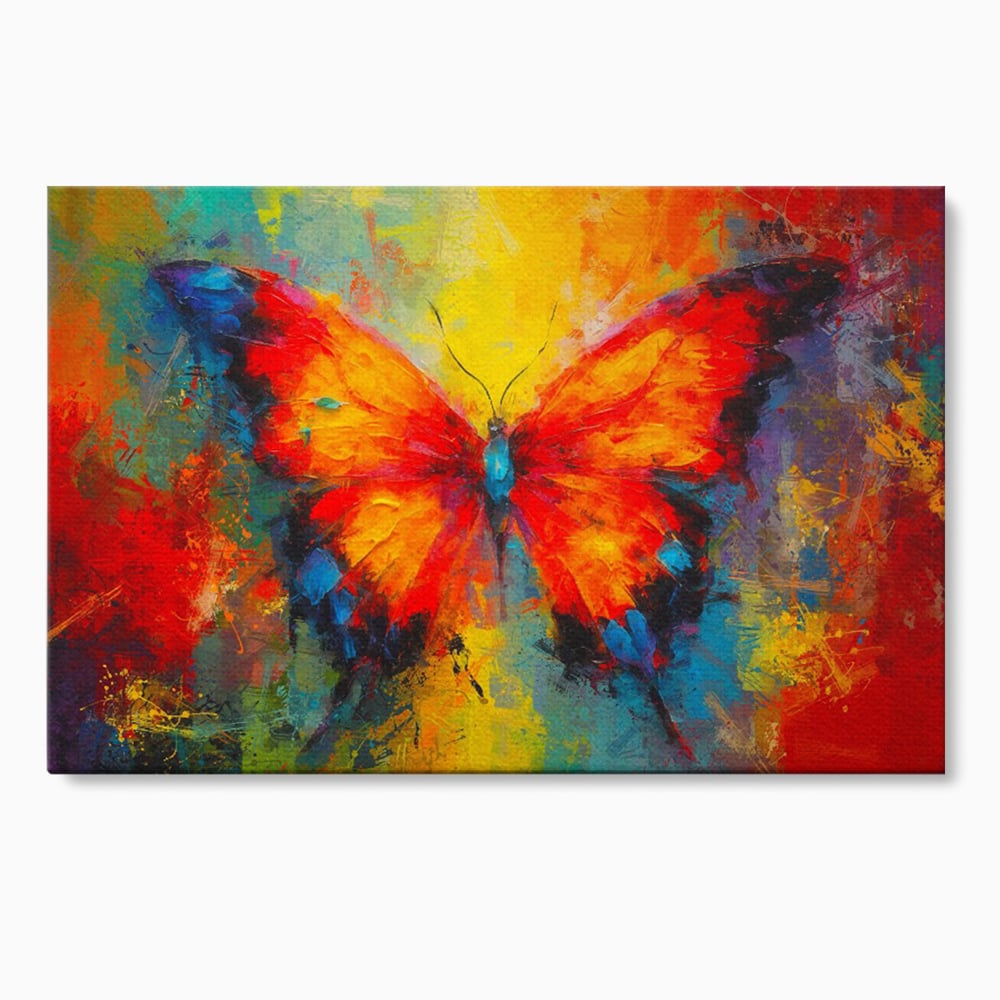 Tablou canvas cu pictura orizontala cu fluture colorat, fara rama, pe sasiu de lemn