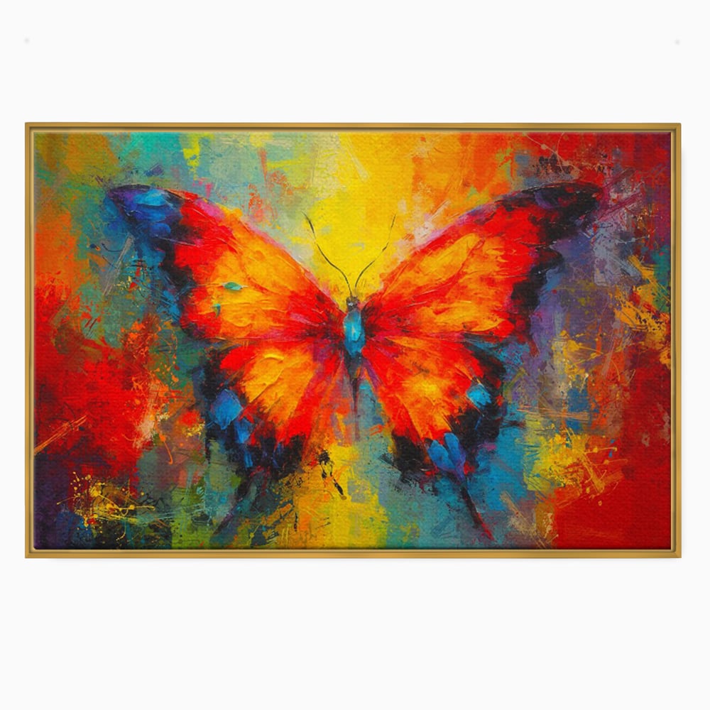 Tablou canvas cu pictura orizontala cu fluture colorat, in rama de aluminiu auriu