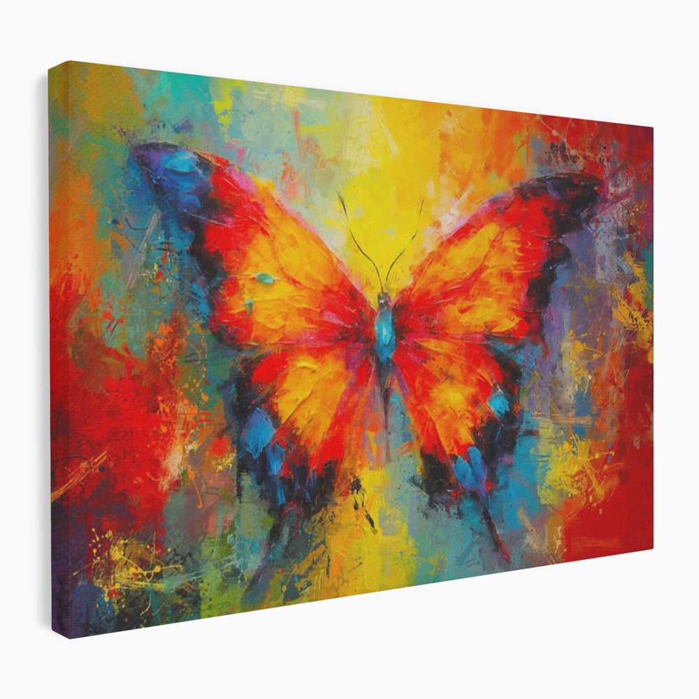 Tablou canvas cu pictura orizontala cu fluture colorat, fara rama, pe sasiu de lemn