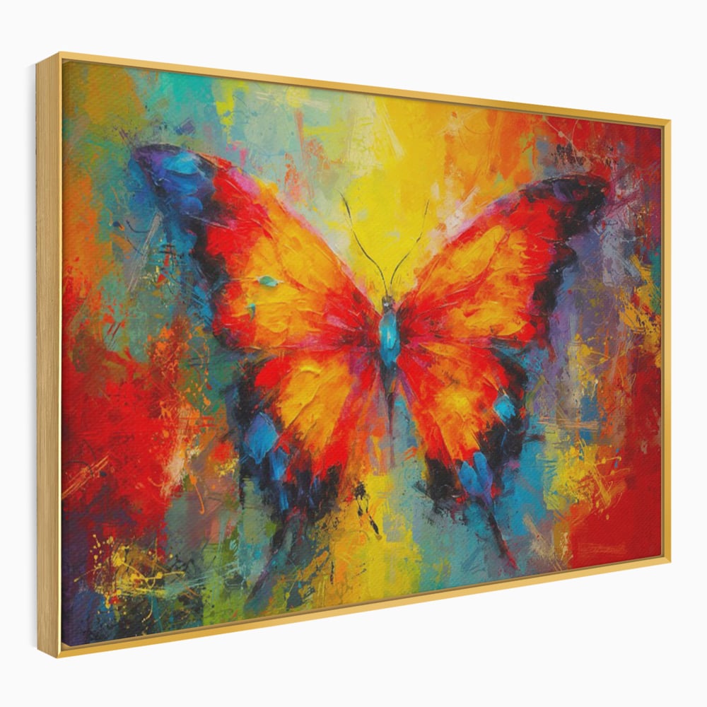 Tablou canvas cu pictura orizontala cu fluture colorat, in rama de aluminiu auriu