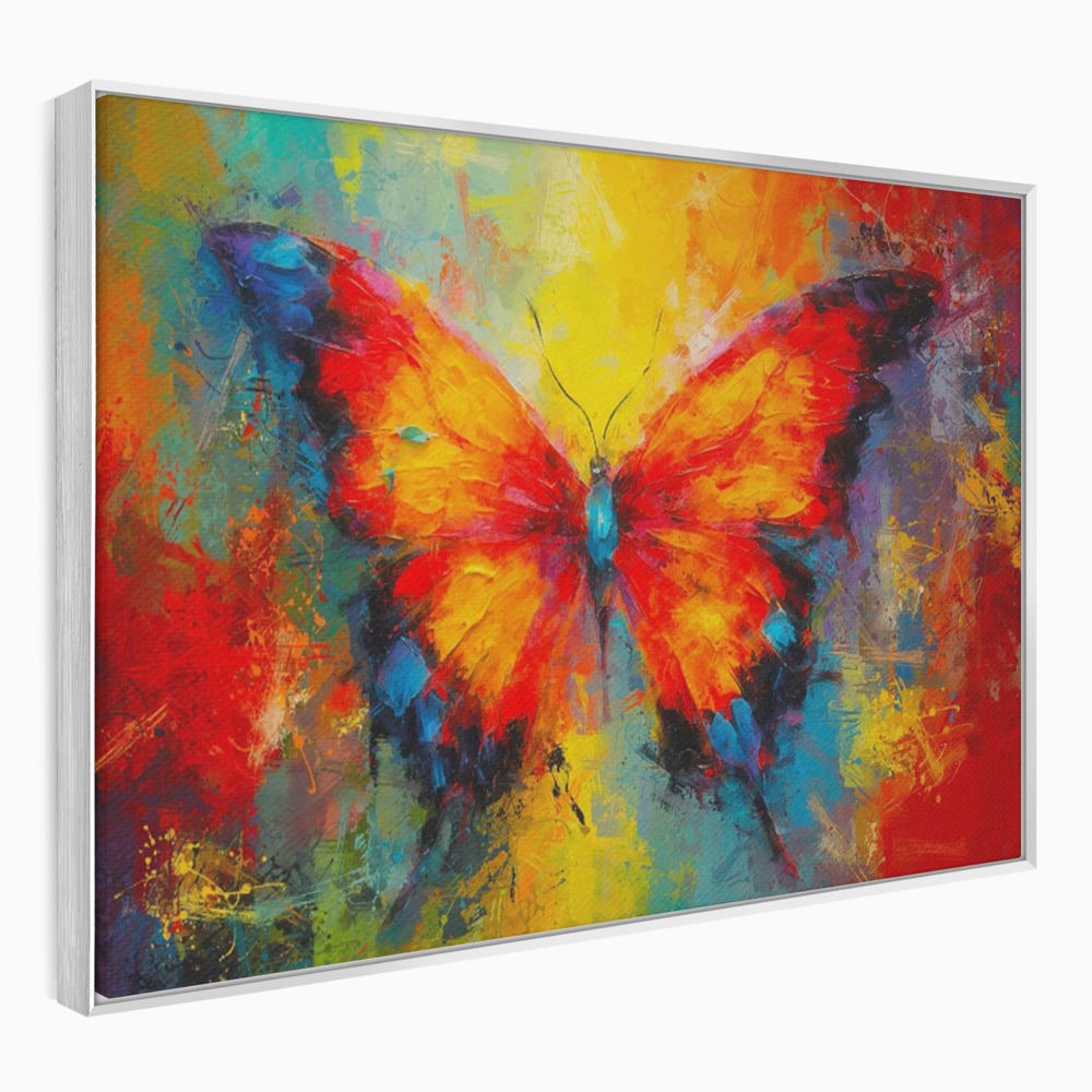 Tablou canvas cu pictura orizontala cu fluture colorat, in rama de aluminiu argintiu