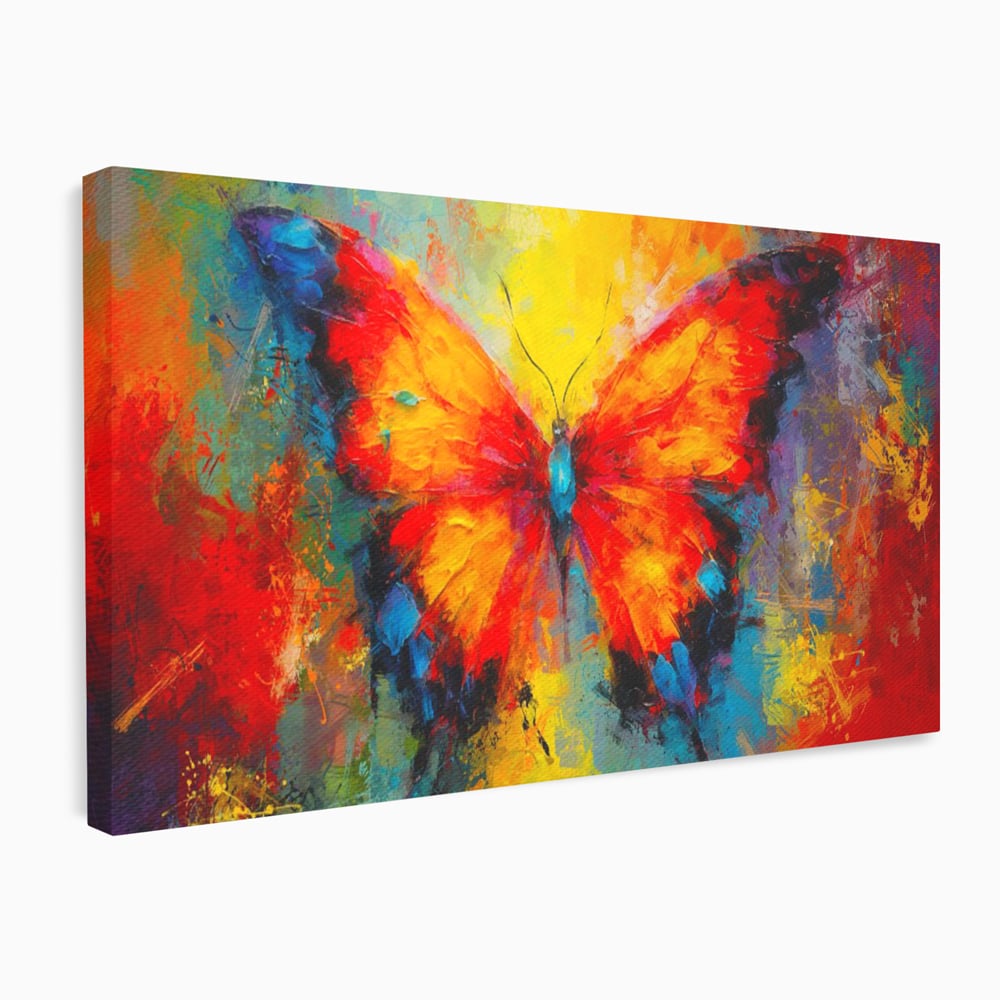 Tablou canvas cu pictura orizontala cu fluture colorat, fara rama, pe sasiu de lemn