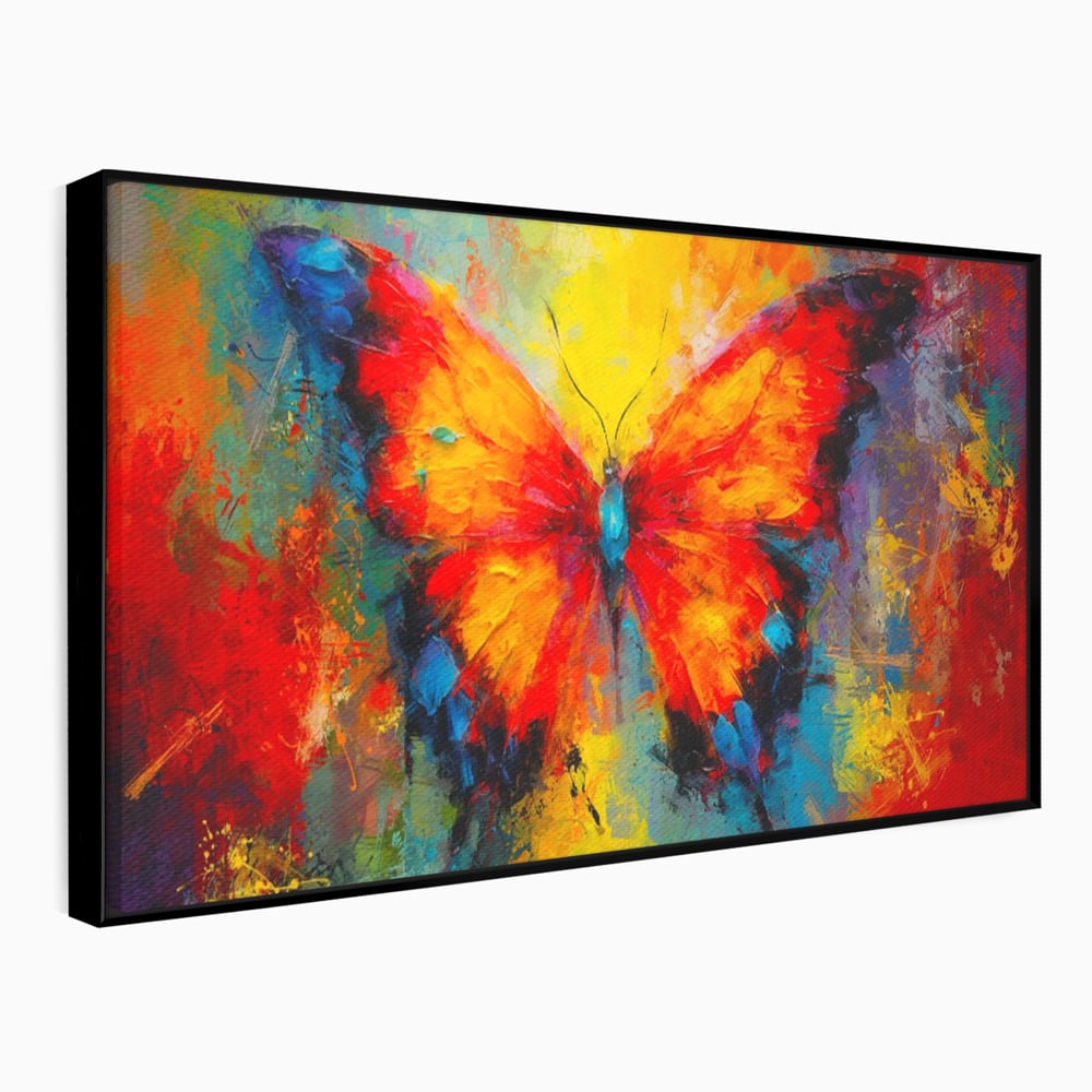 Tablou canvas cu pictura orizontala cu fluture colorat, in rama de aluminiu negru