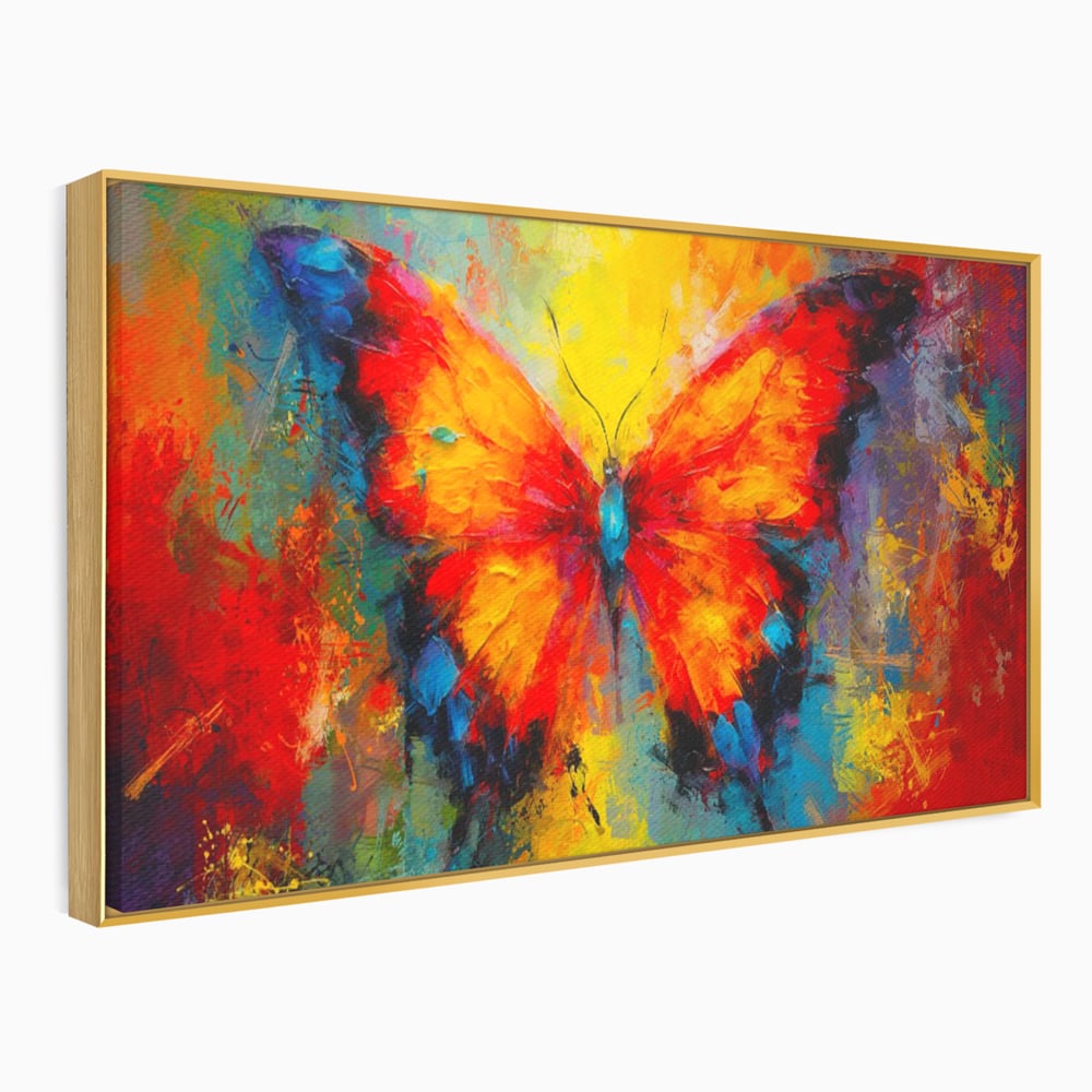 Tablou canvas cu pictura orizontala cu fluture colorat, in rama de aluminiu auriu