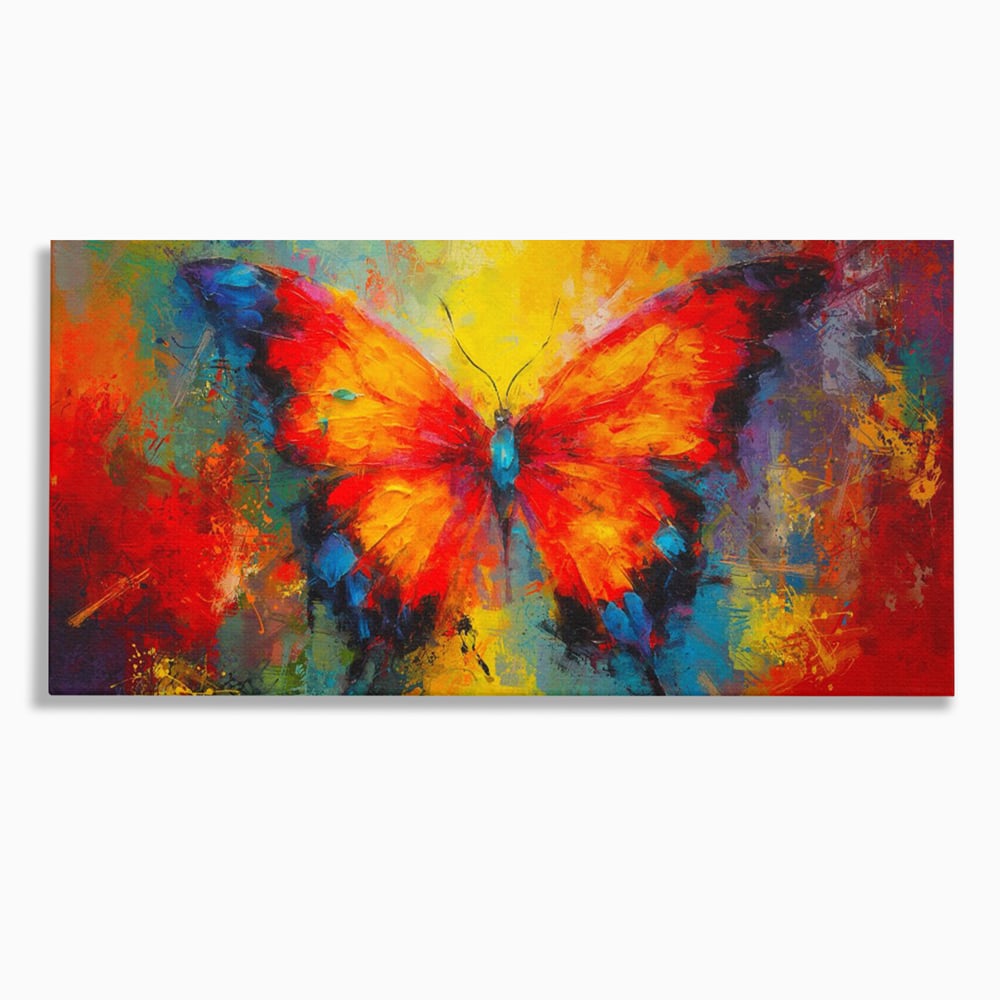 Tablou canvas cu pictura orizontala cu fluture colorat, fara rama, pe sasiu de lemn
