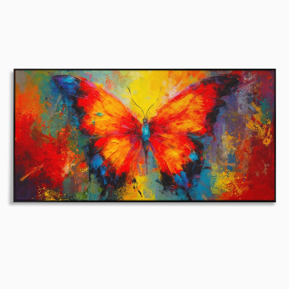 Tablou canvas cu pictura orizontala cu fluture colorat, in rama de aluminiu negru