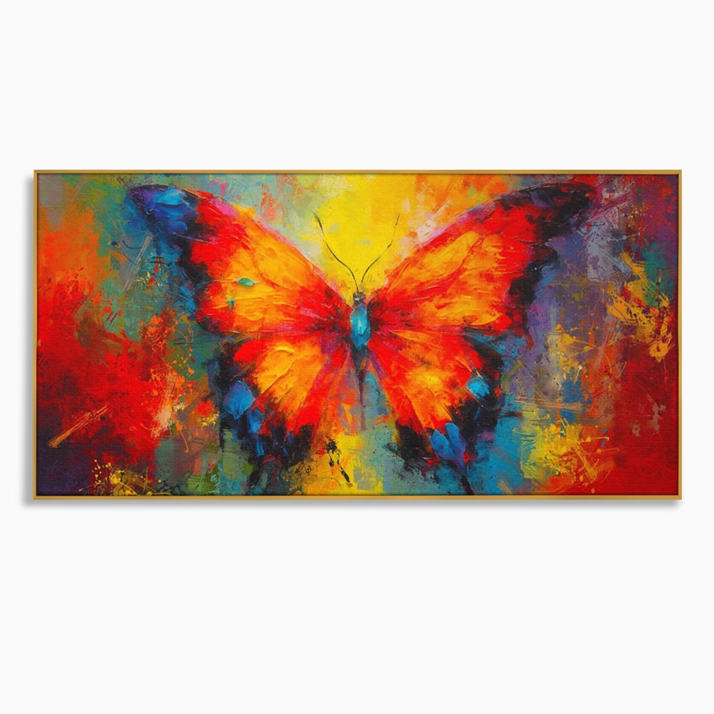 Tablou canvas cu pictura orizontala cu fluture colorat, in rama de aluminiu auriu
