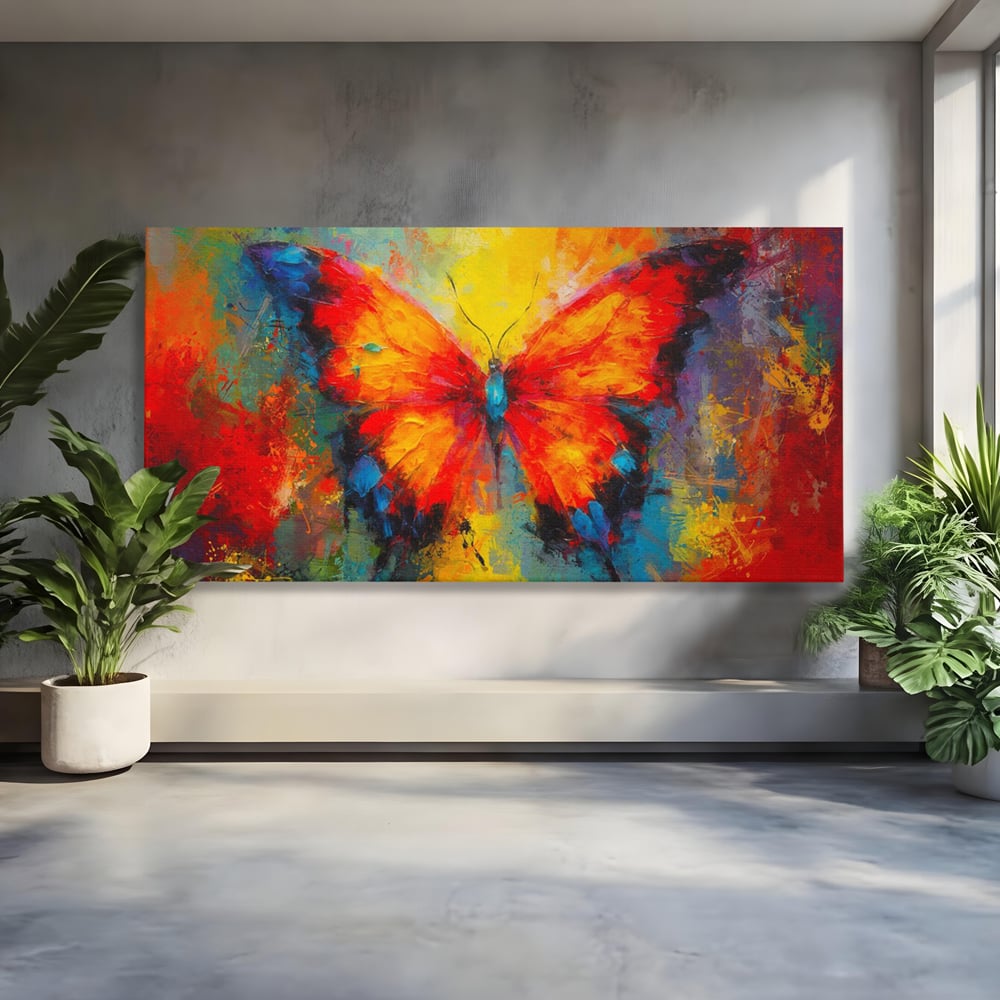 Tablou canvas cu pictura orizontala cu fluture colorat, fara rama, pe sasiu de lemn