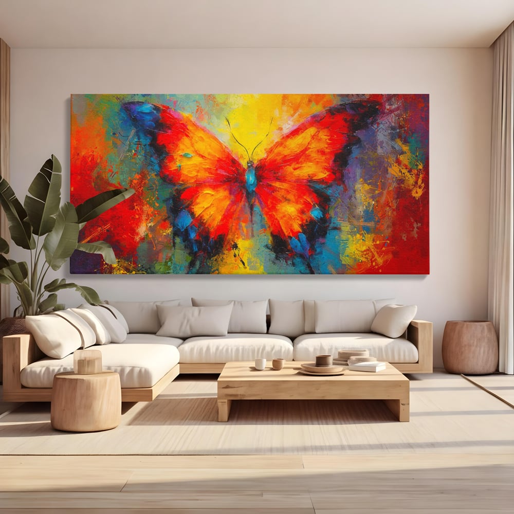 Tablou canvas cu pictura orizontala cu fluture colorat, fara rama, pe sasiu de lemn, pe perete intr-un living