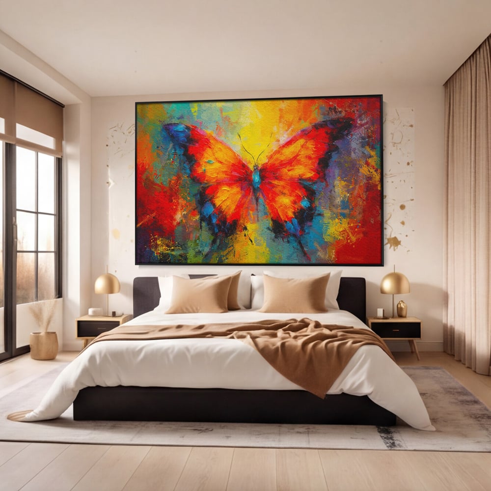 Tablou canvas cu pictura orizontala cu fluture colorat, in rama de aluminiu negru, pe perete intr-un dormitor