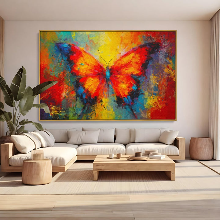 Tablou canvas cu pictura orizontala cu fluture colorat, in rama de aluminiu auriu, pe perete intr-un living