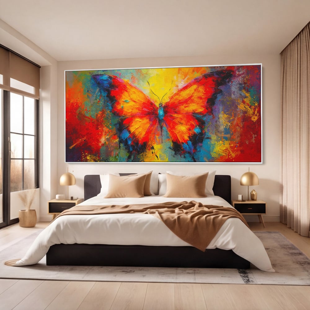 Tablou canvas cu pictura orizontala cu fluture colorat, in rama de aluminiu argintiu, pe perete intr-un dormitor