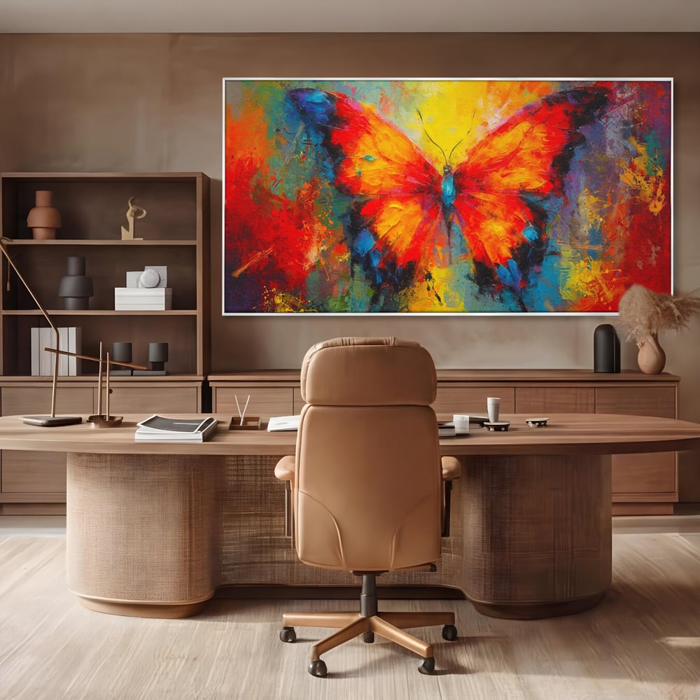 Tablou canvas cu pictura orizontala cu fluture colorat, in rama de aluminiu argintiu, pe perete intr-un birou