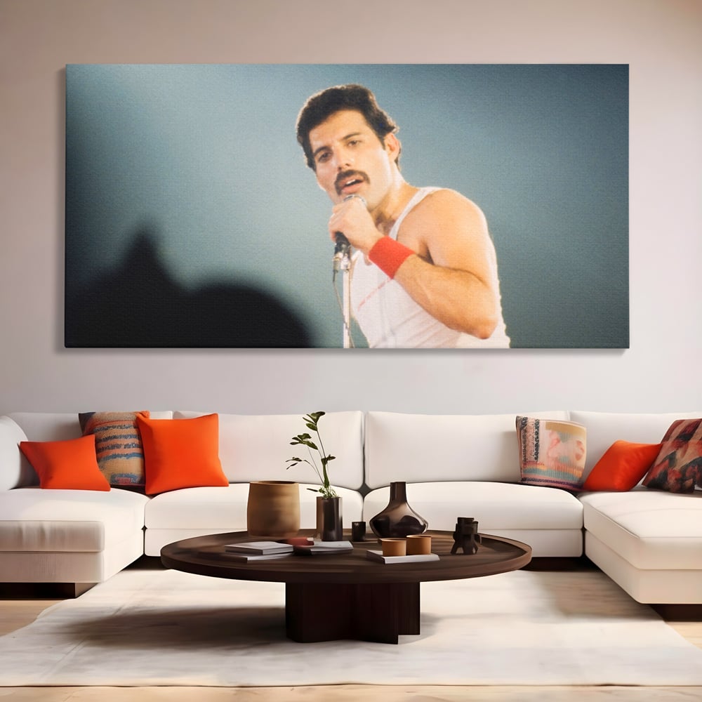 Tablou canvas cu tablou canvas cu freddie mercury, fara rama, pe sasiu de lemn, pe perete intr-un living