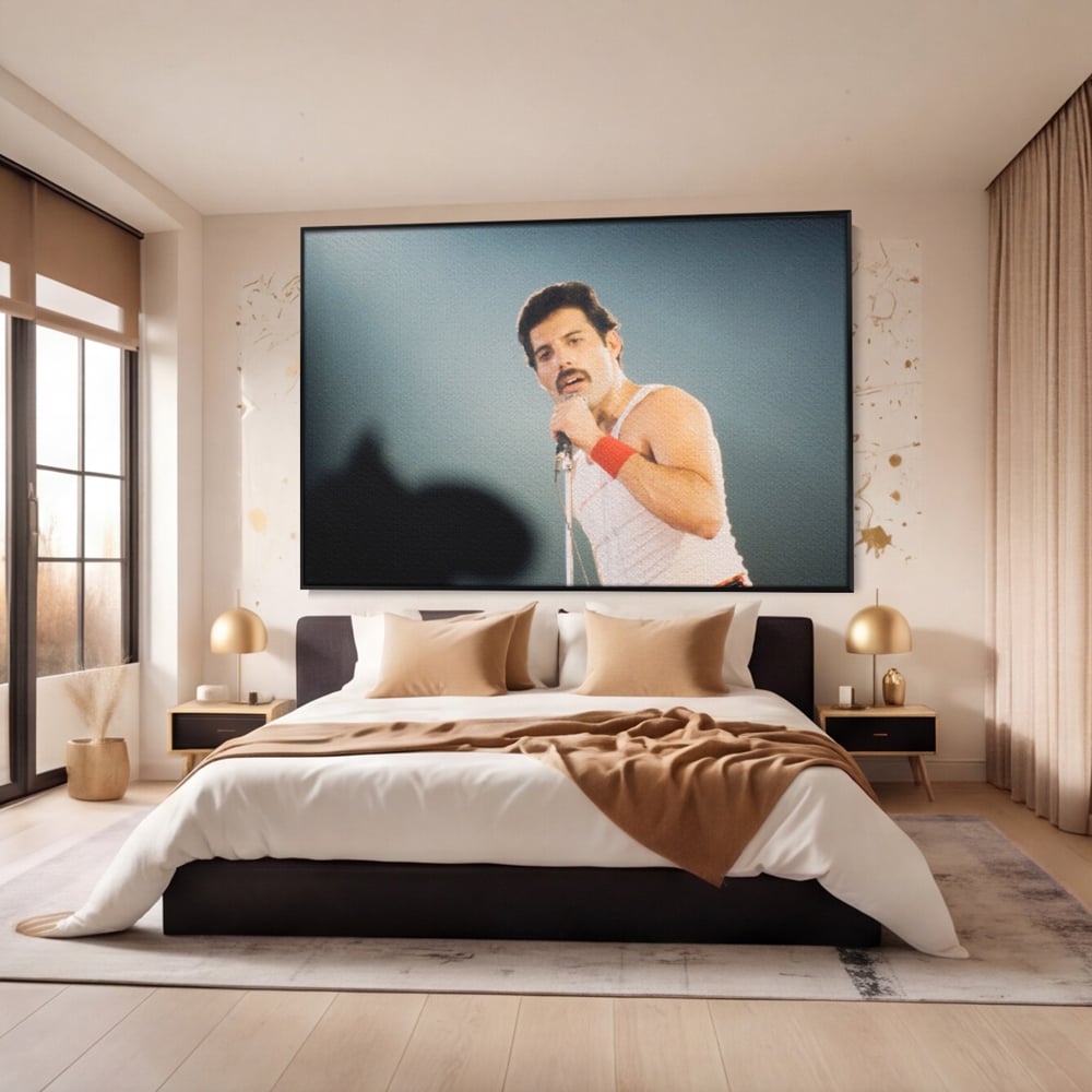 Tablou canvas cu tablou canvas cu freddie mercury, in rama de aluminiu negru, pe perete intr-un dormitor
