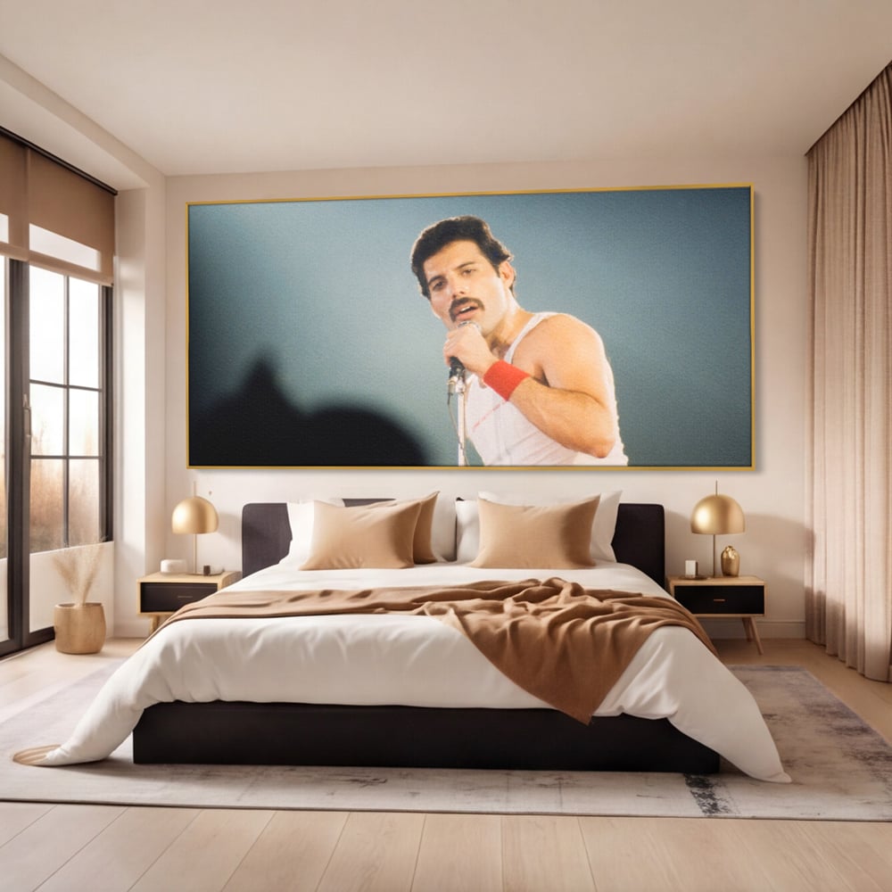 Tablou canvas cu tablou canvas cu freddie mercury, in rama de aluminiu auriu, pe perete intr-un dormitor