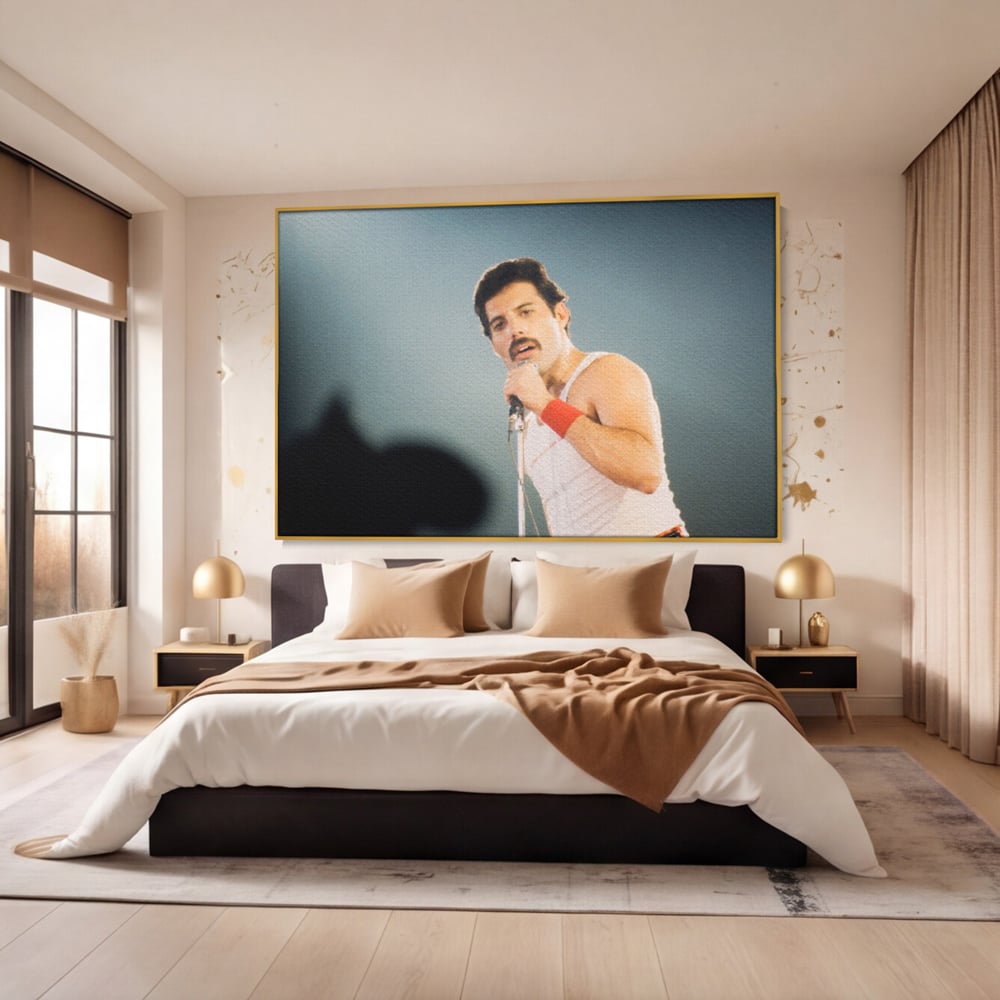 Tablou canvas cu tablou canvas cu freddie mercury, in rama de aluminiu auriu, pe perete intr-un dormitor
