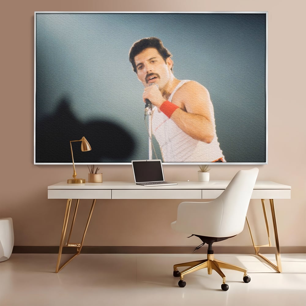 Tablou canvas cu tablou canvas cu freddie mercury, in rama de aluminiu argintiu, pe perete intr-un birou