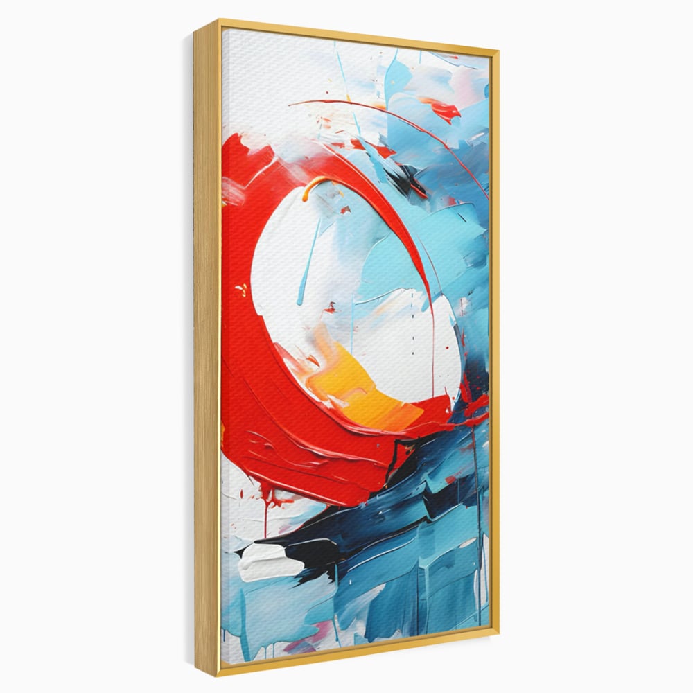 Tablou canvas cu pictura abstracta cu cerc rosu si tuse albastre, in rama de aluminiu auriu