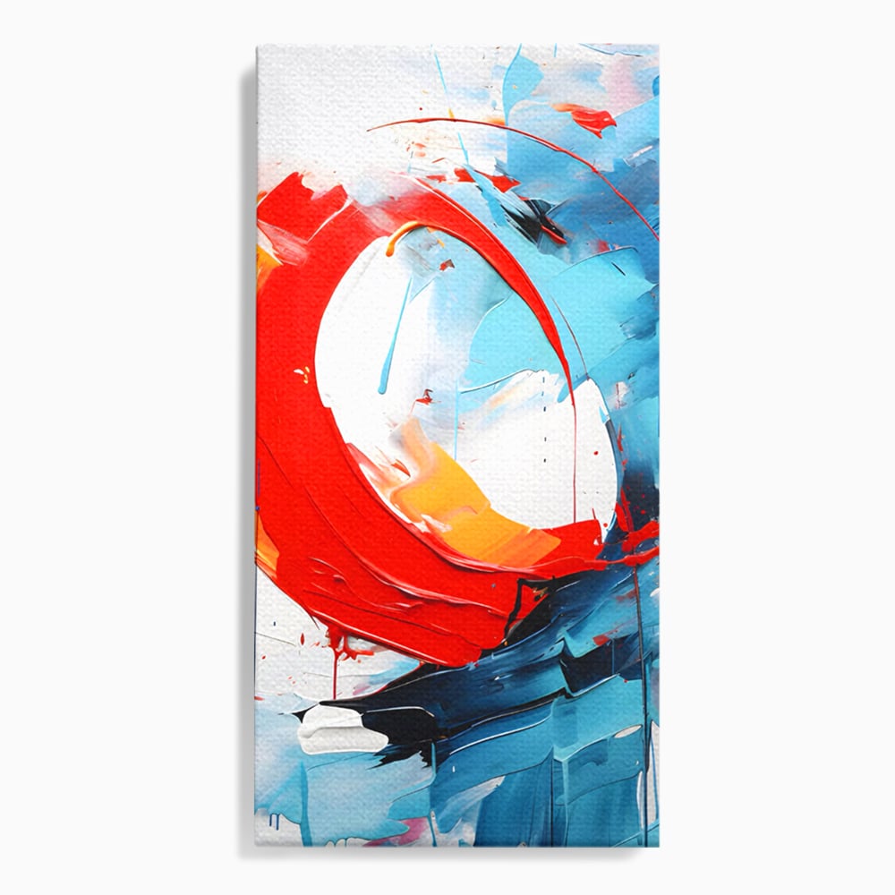 Tablou canvas cu pictura abstracta cu cerc rosu si tuse albastre, fara rama, pe sasiu de lemn