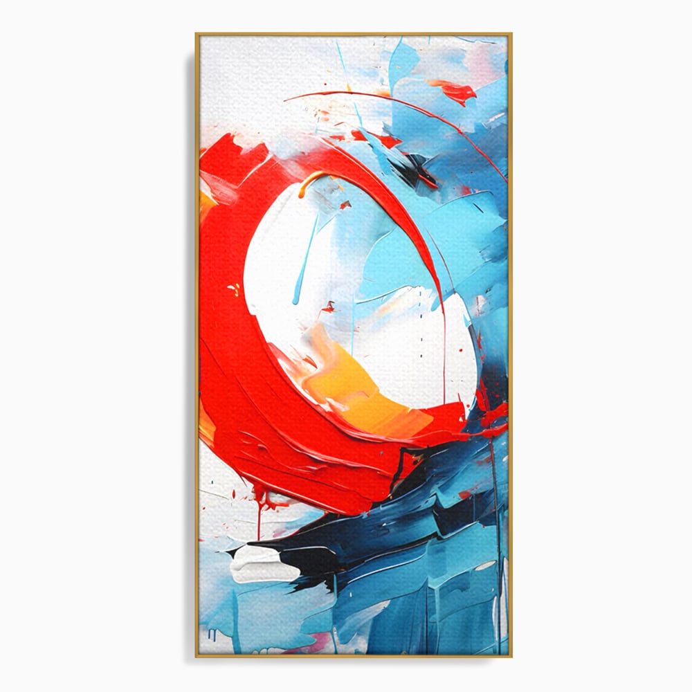 Tablou canvas cu pictura abstracta cu cerc rosu si tuse albastre, in rama de aluminiu auriu