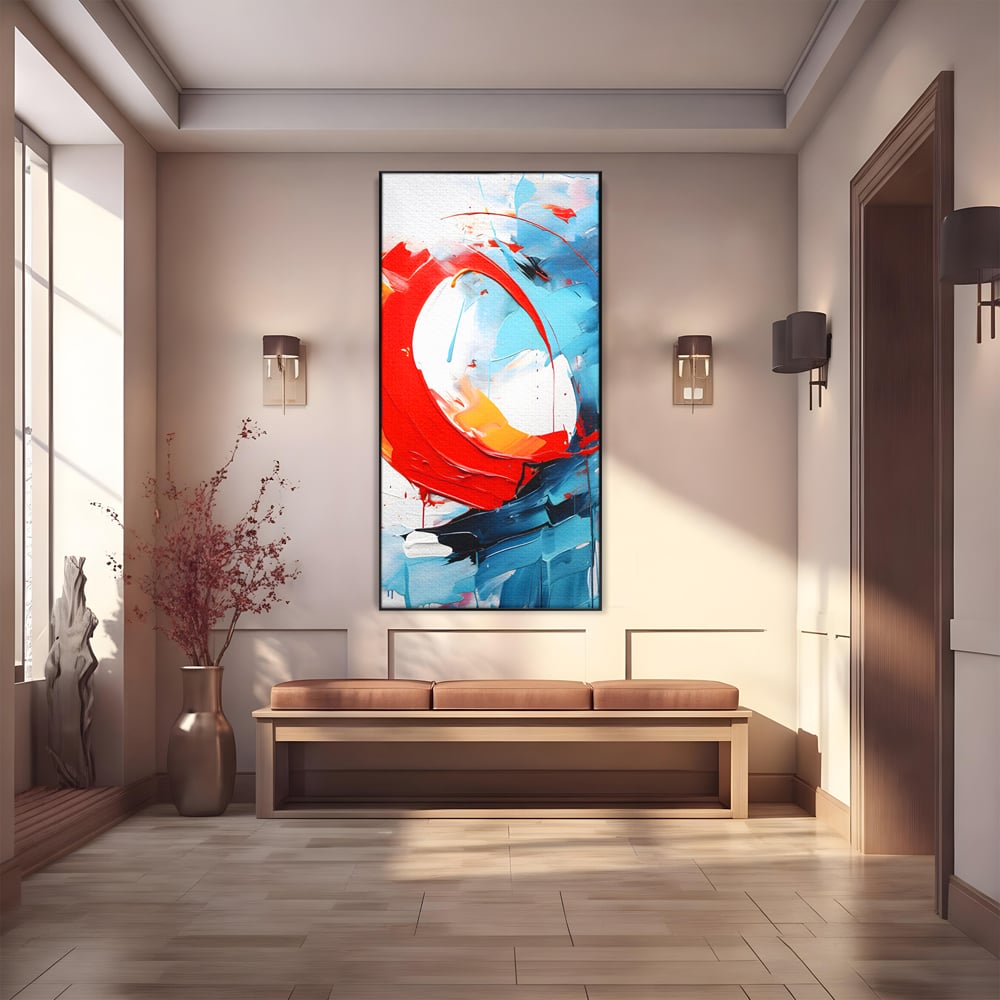 Tablou canvas cu pictura abstracta cu cerc rosu si tuse albastre, in rama de aluminiu negru