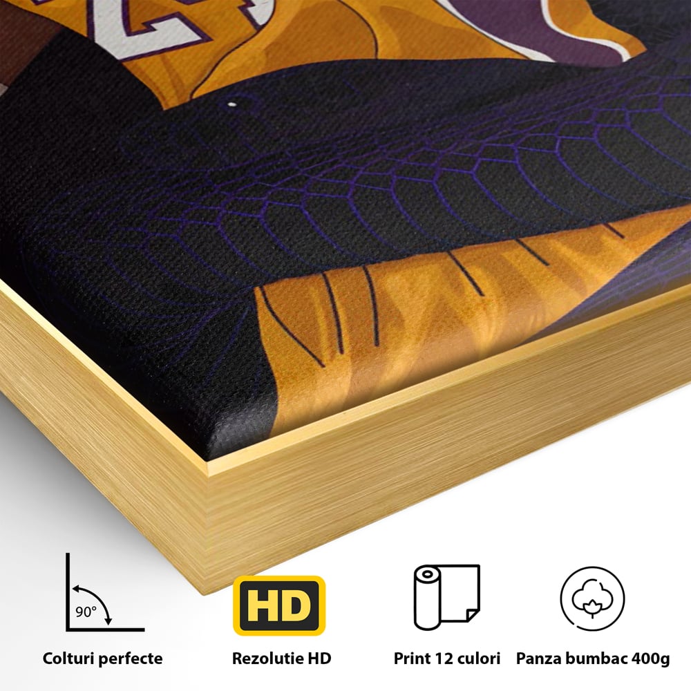 Detaliu al suprafetei: ilustratie digitala portret kobe bryant, in rama de aluminiu auriu