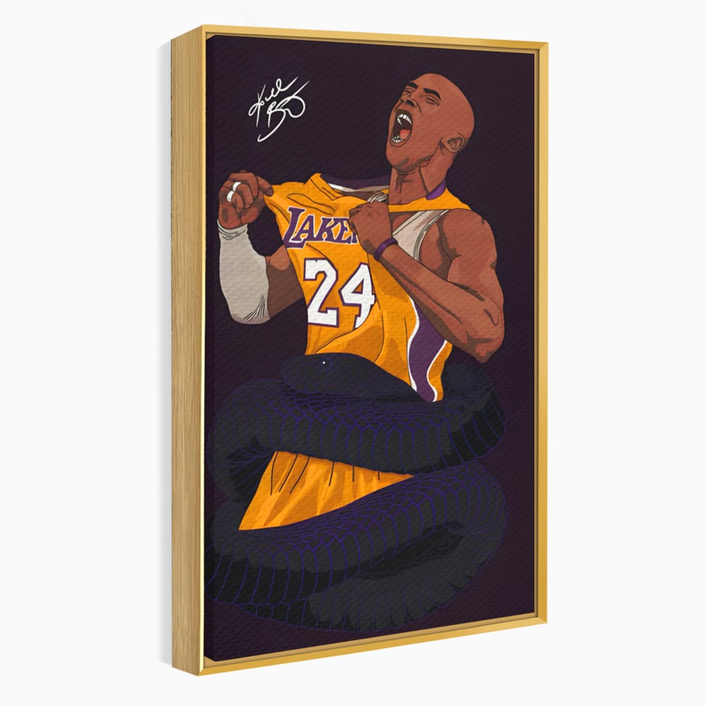 Tablou canvas cu ilustratie digitala portret kobe bryant, in rama de aluminiu auriu