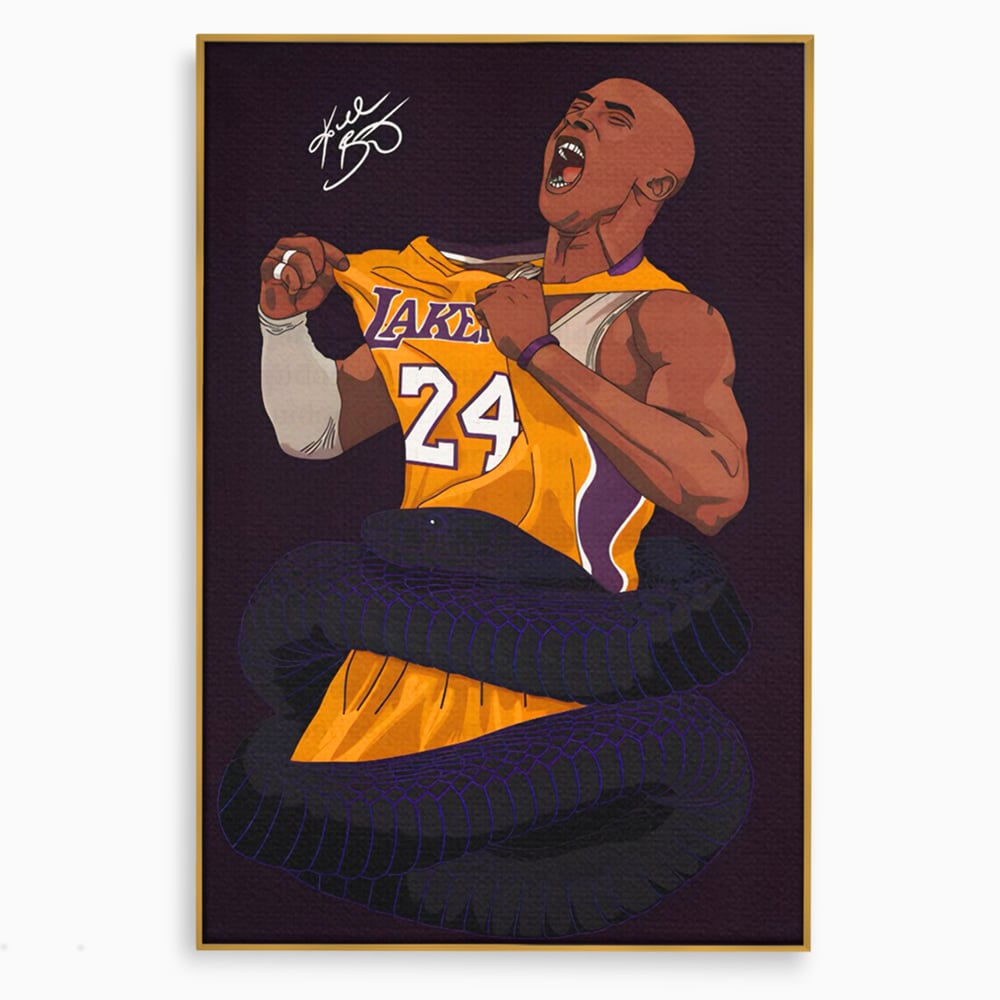 Tablou canvas cu ilustratie digitala portret kobe bryant, in rama de aluminiu auriu