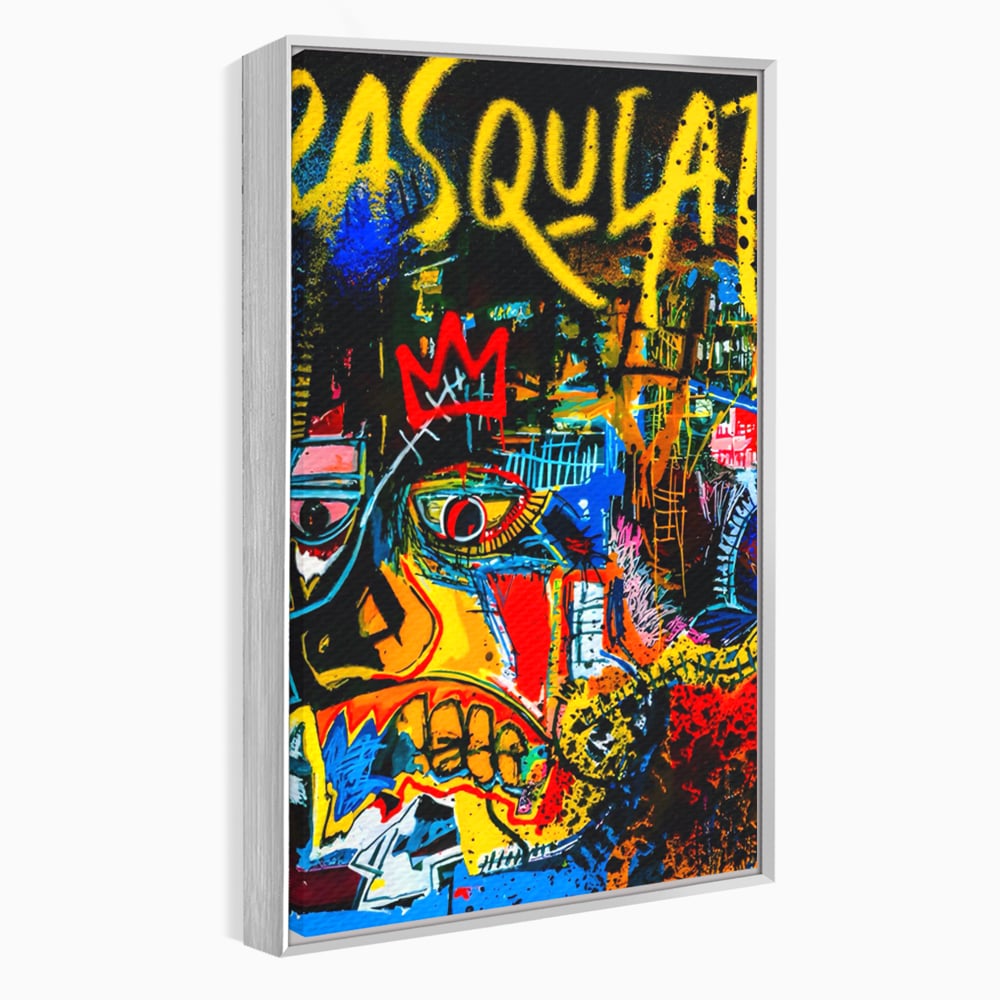Tablou canvas cu tablou canvas cu portret pop art si coroana rosie, in rama de aluminiu argintiu
