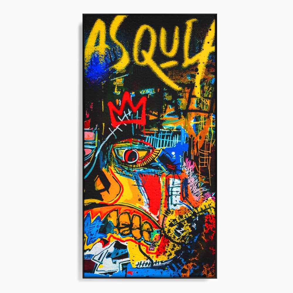 Tablou canvas cu tablou canvas cu portret pop art si coroana rosie, in rama de aluminiu negru