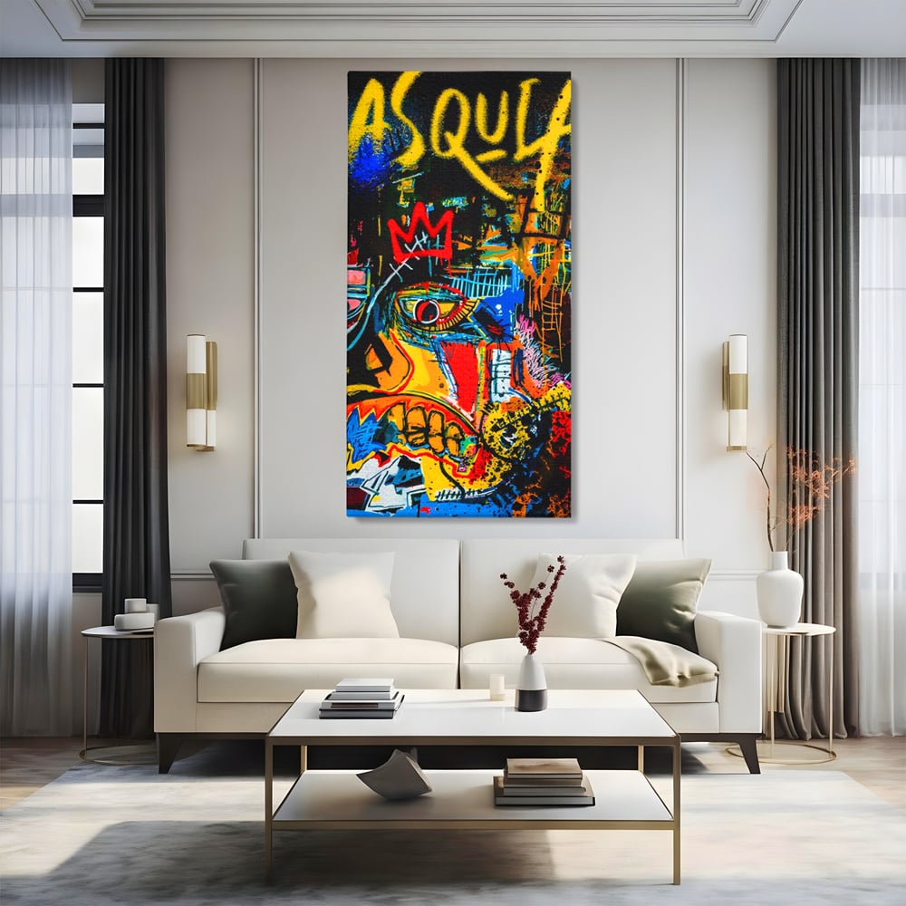 Tablou canvas cu tablou canvas cu portret pop art si coroana rosie, fara rama, pe sasiu de lemn, pe perete intr-un living