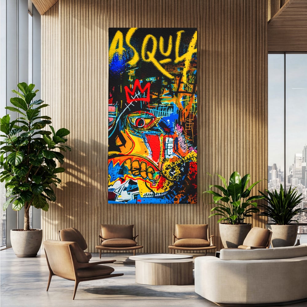 Tablou canvas cu tablou canvas cu portret pop art si coroana rosie, fara rama, pe sasiu de lemn, pe perete intr-un birou