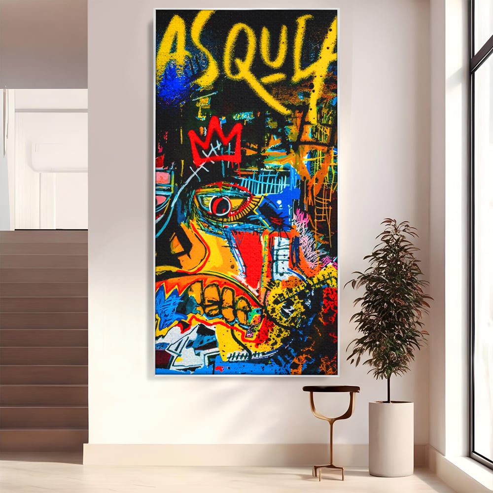 Tablou canvas cu tablou canvas cu portret pop art si coroana rosie, in rama de aluminiu argintiu