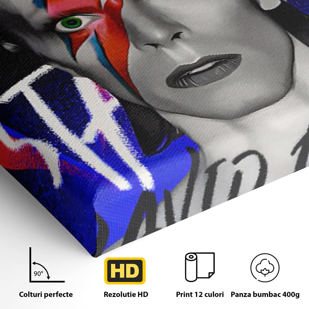 Detaliu al suprafetei: tablou portret david bowie cu fulger, fara rama, pe sasiu de lemn