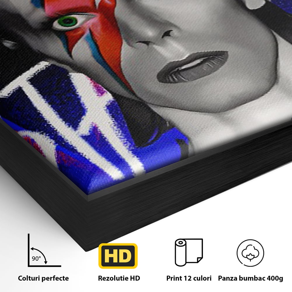 Detaliu al suprafetei: tablou portret david bowie cu fulger, in rama de aluminiu negru