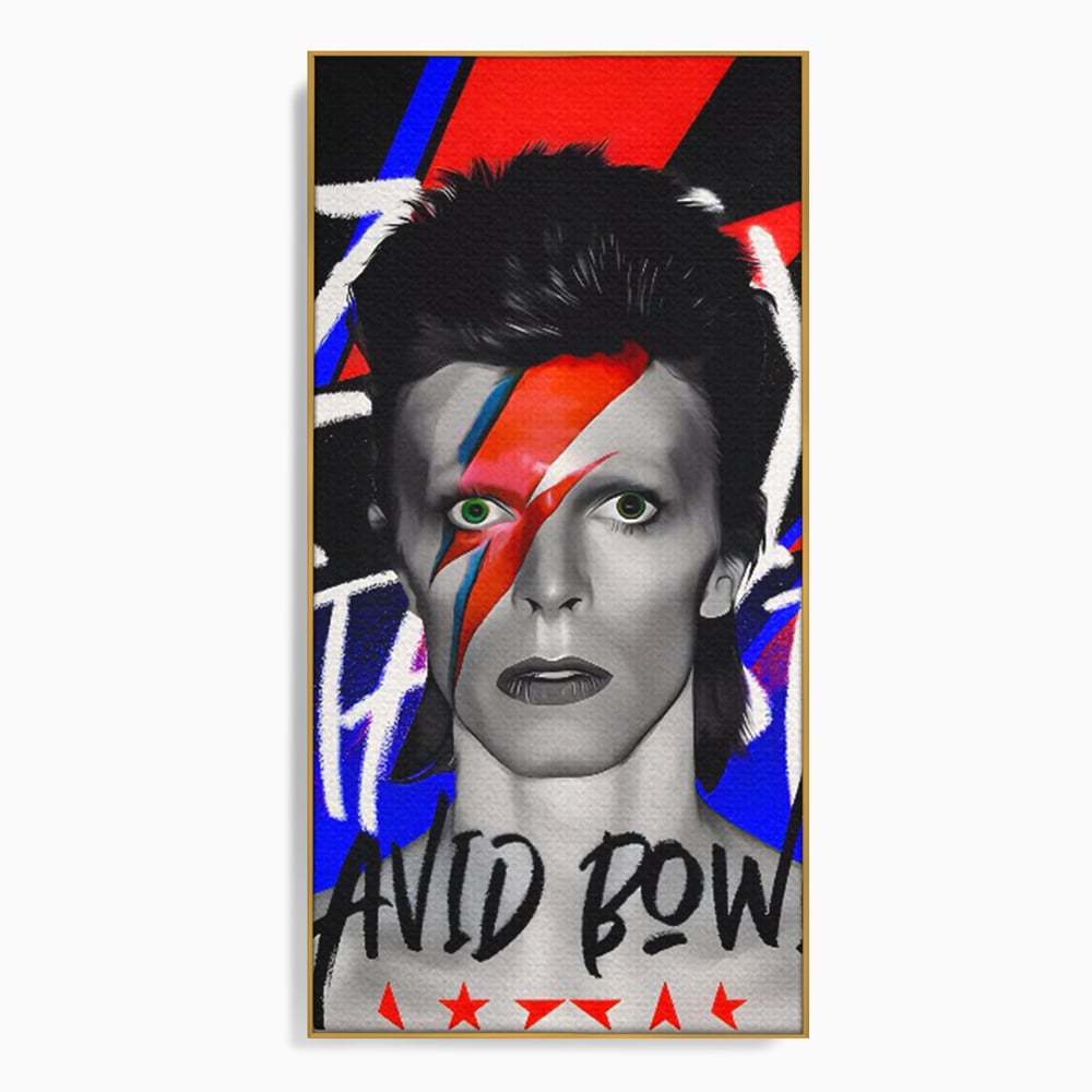 Tablou canvas cu tablou portret david bowie cu fulger, in rama de aluminiu auriu