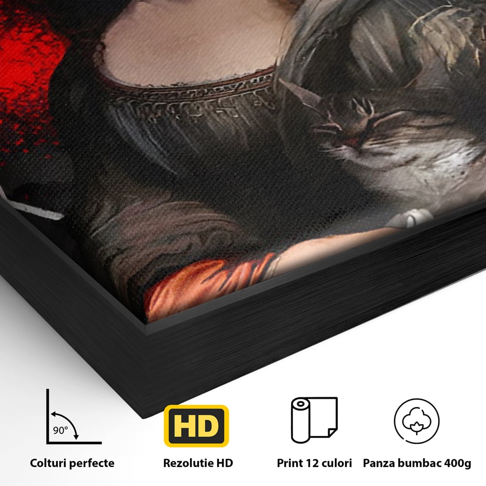 Detaliu al suprafetei: tablou canvas cu mona lisa si o pisica, in rama de aluminiu negru