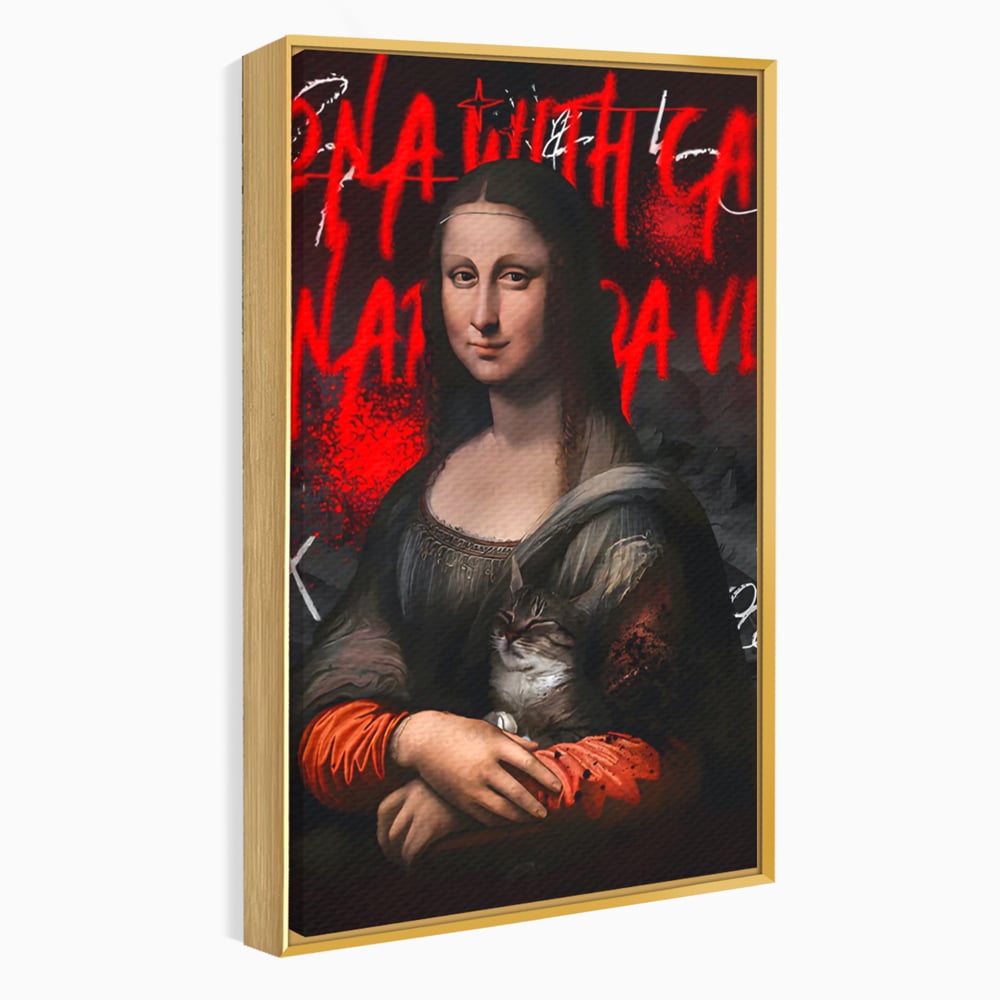Tablou canvas cu tablou canvas cu mona lisa si o pisica, in rama de aluminiu auriu
